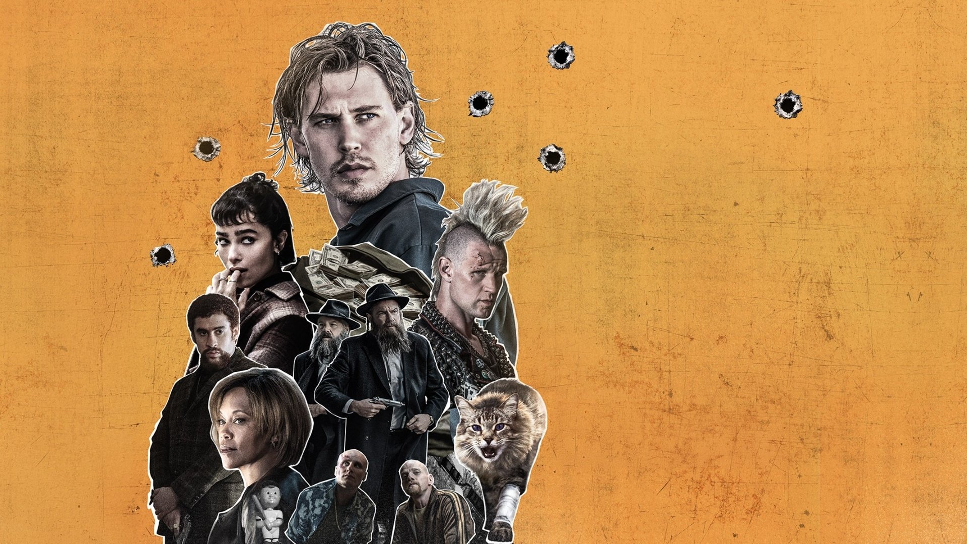 Caught Stealing (2024) movie poster with Austin Butler and ensemble cast on yellow background with bullet holes
