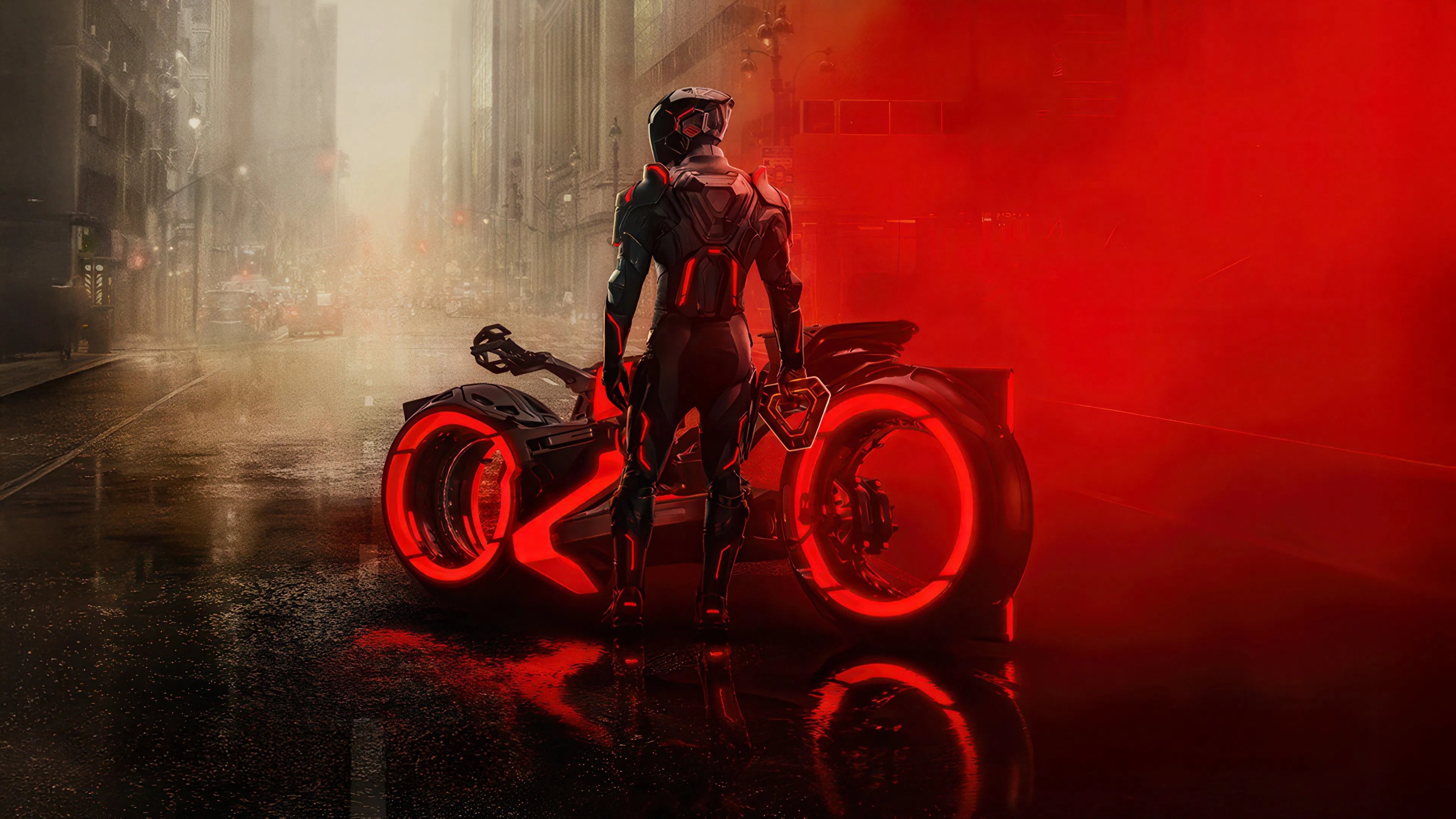 A digital warrior stands beside a glowing red light cycle as neon light bleeds into the real world, flooding the city street with surreal crimson haze.